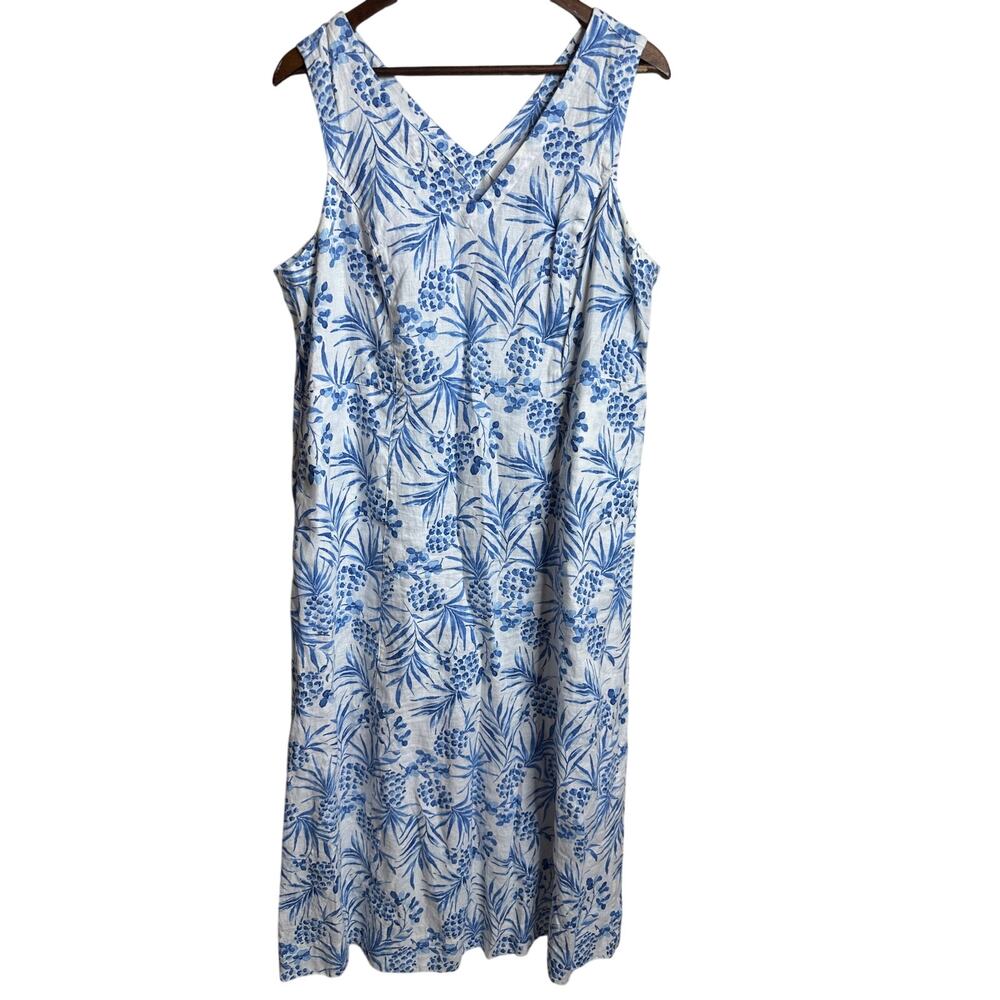 J.Jill Love Linen Sea Glass Hydrangea Midi Dress size Tall L Blue Floral Pockets